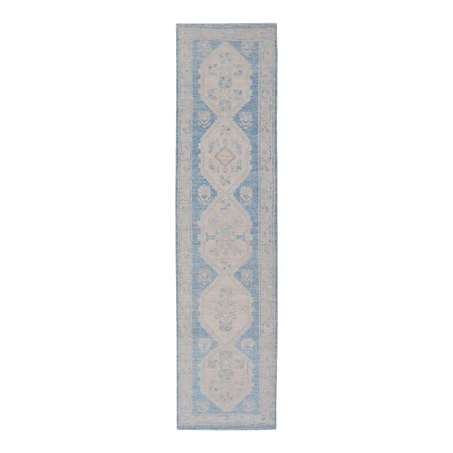 Oushak Modern Runner With Medallion Design in Shades of Blue and Cream For Sale