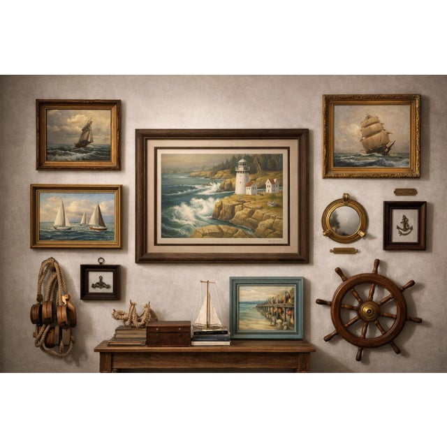 Framed “New England Lighthouse” Coastal Seascape Lithograph by Tom Nicholas, 1977 (Franklin Mint Gallery) For Sale - Image 4 of 6