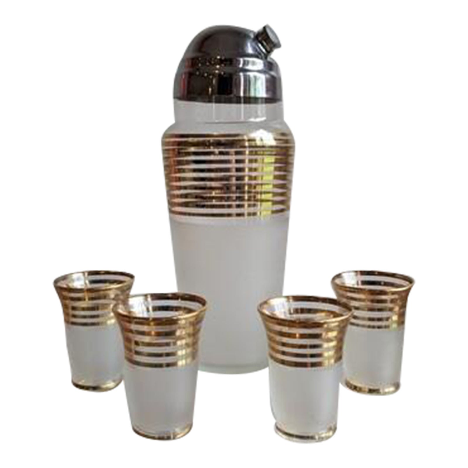 1940s Derby Shelton Gold Cocktail Shaker and Glasses Set 5 Pieces
