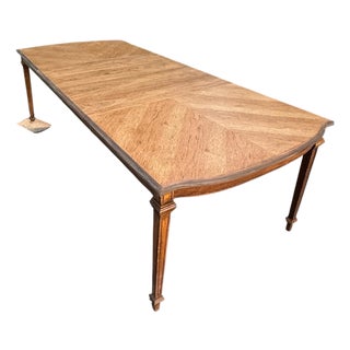 Vintage Refinished Walnut Chevron Veneer Extendable Dining Table With Two Leaves For Sale