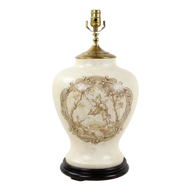 Vintage Temple Jar Lamp With White Crackle Glaze and Reimagined "The Swing" by Fragonard For Sale