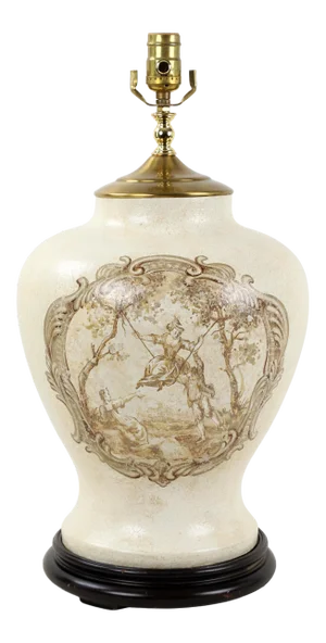 Vintage Temple Jar Lamp With White Crackle Glaze and Reimagined "The Swing" by Fragonard