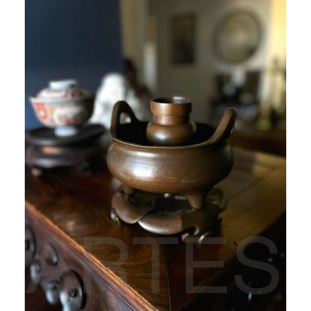 Early 1900s Antique Chinese Bronze Incense Burner W/ Stand - Set of 3 For Sale - Image 12 of 12