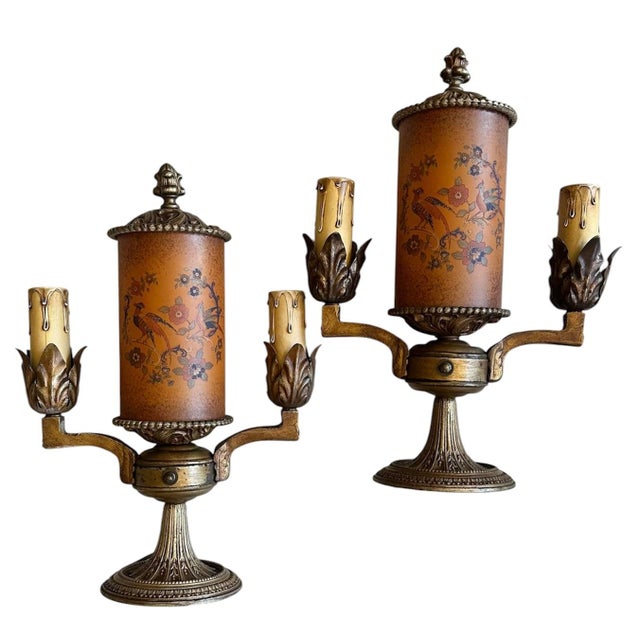 1920s Tiffin Franciscan Glass Tale Lamps in Original Old Paints, Irons SND Brass - a Pair For Sale - Image 4 of 7