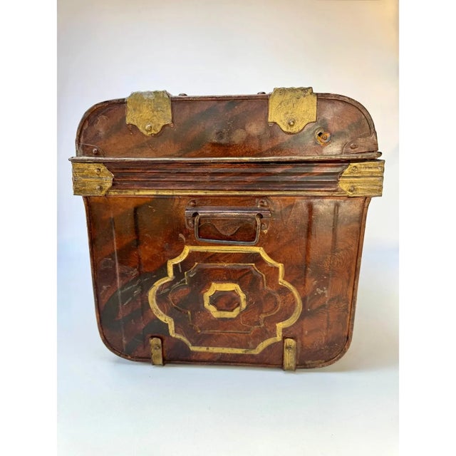 1910s Antique Faux Bois Steel Steamer Trunk Chest Painted Wood Grain Blue Interior 23” For Sale - Image 5 of 16