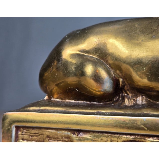 Brass Vintage a & M Leatherlines, New York Brass Sleeping Lion Bookends For Sale - Image 8 of 11