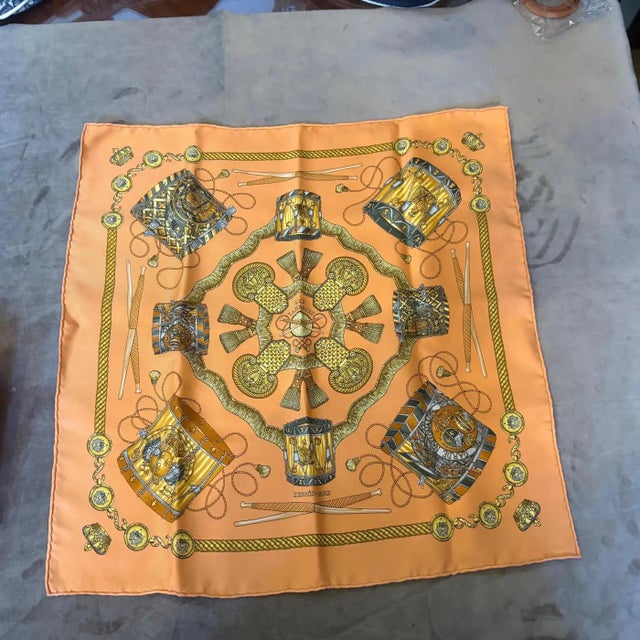 20th Century Classic Orange Silk Carrè Scarf "Les Tambours" by Hermes For Sale - Image 13 of 13