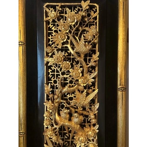 Vintage Chinese Giltwood Carved Relief Wall Hanging with Birds Flowers and Trees. Very nice vintage condition. Intact,...