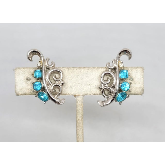 Mid-Century Modern Vintage 1950 Signed Crown Trifari Alfred Philippe Design Faux-Aquamarine Clip Earrings - 2 Pieces For Sale - Image 3 of 9