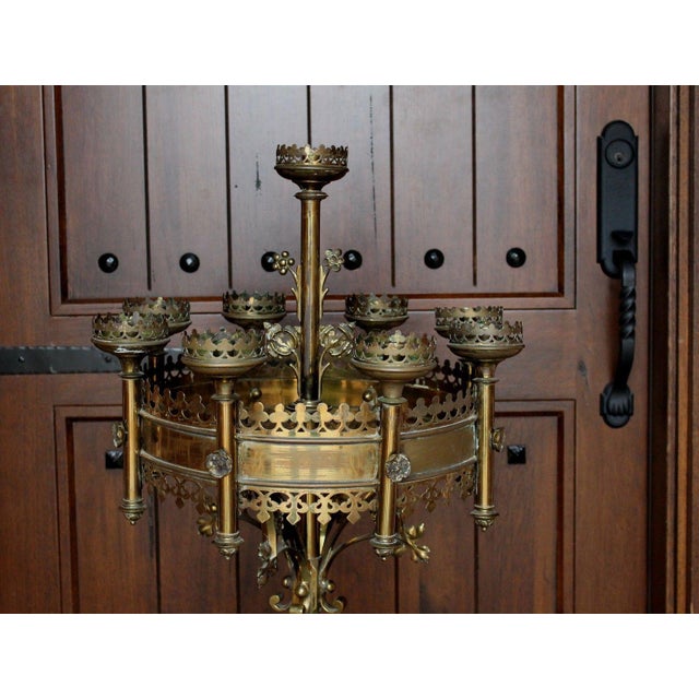 Antique French Large Brass Gothic Church Paschal Altar Candelabra