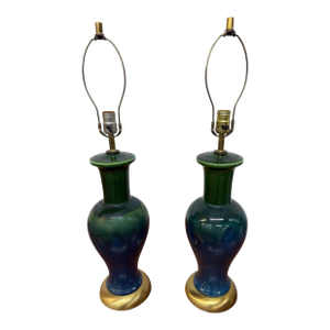 1960s Mid-Century Modern Royal Haeger Green/Blue Drip Lamps - Set of 2 - Working!