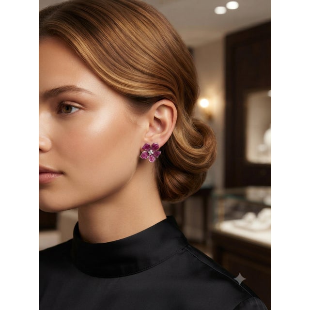 Gemstone Natural Ruby 2.68cts & Diamond 0.21cts Earring in 14k Gold For Sale - Image 7 of 8