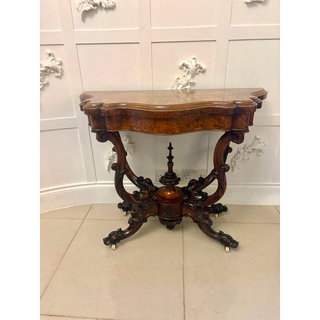 Wood Antique Victorian Burr Walnut Card or Console Table with Carved Basket Base, 1850 For Sale - Image 7 of 16