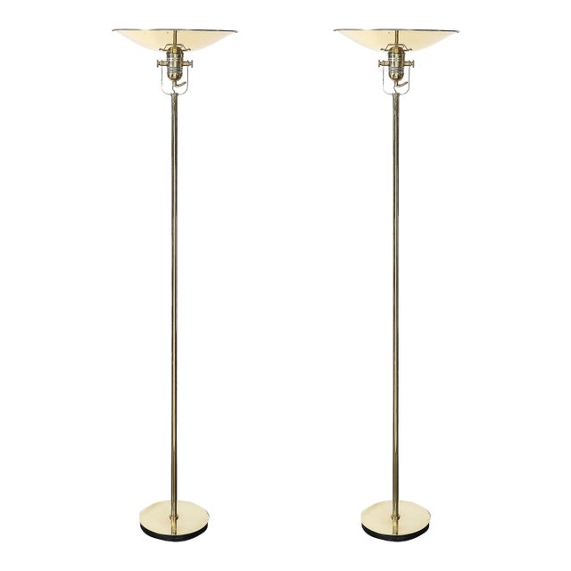 Pair of Mid-Century Articulating Polished Brass Torchieres Signed Nessen Studios For Sale