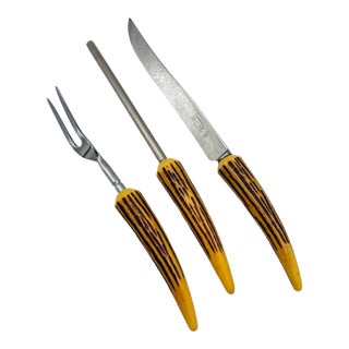 Vintage E. Parker & Sons Sheffield Faux Antler Bakelite 3pc Carving Knife Set For Sale