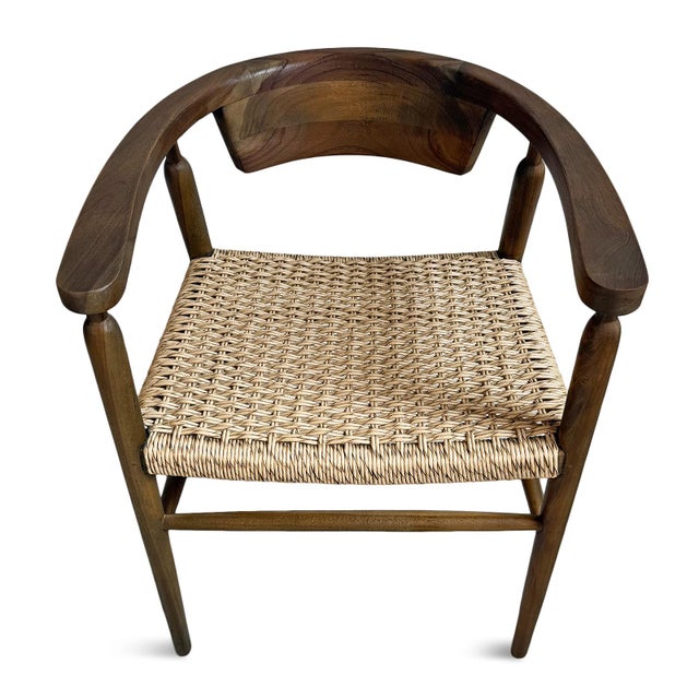 Brown Outdoor Indoor U-Back Woven Seat Mid-Century Coastal Dining Chair For Sale - Image 8 of 14