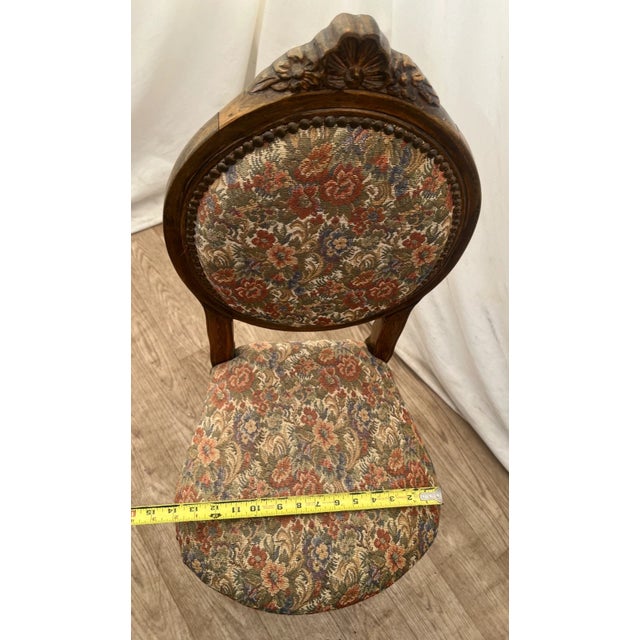Vintage Accent Chair, Carved Back, Solid Walnut, Flower Embroidery Seat and Back For Sale - Image 10 of 11