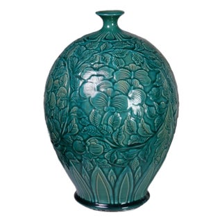 Hand-Carved Botanical Vase With Deep Turquoise-Emerald Glaze by Pottery 12, For Sale