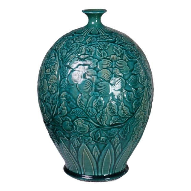 Hand-Carved Botanical Vase With Deep Turquoise-Emerald Glaze by Pottery 12, Hanoi Art Ceramic For Sale