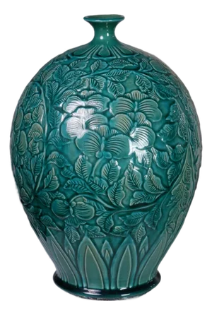 Hand-Carved Botanical Vase With Deep Turquoise-Emerald Glaze by Pottery 12, Hanoi Art Ceramic