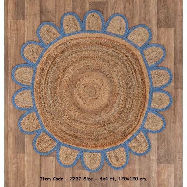 Textile French Blue Round Jute Scallop Rug - 6'x6' For Sale - Image 7 of 9
