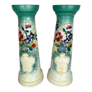 Painted Milk Glass Vases, Set of 2 For Sale