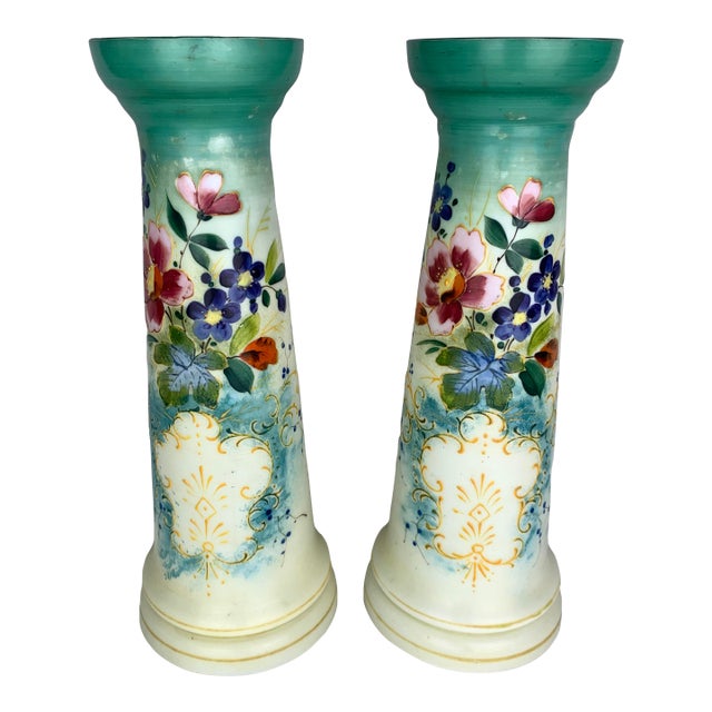 Painted Milk Glass Vases, Set of 2 For Sale