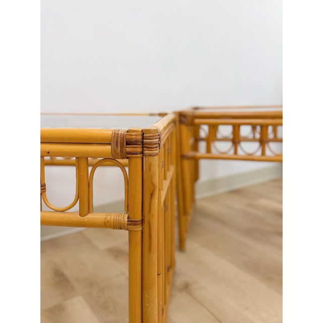 Vintage Rattan End Table Pair Arched Inlay Glass Top Coastal Boho MCM For Sale - Image 4 of 10