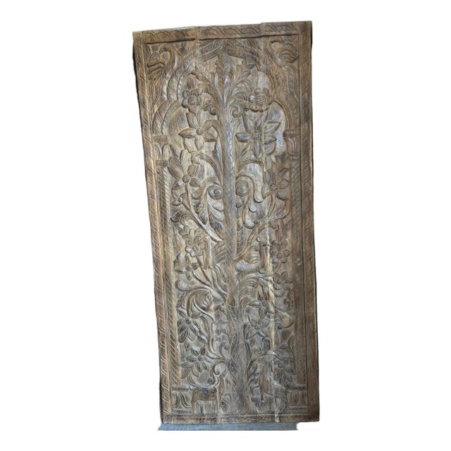 Vintage Tree of Life Carved Wood Door – Wellness Wall Décor Rustic Barn Door Panel 84x36 For Sale