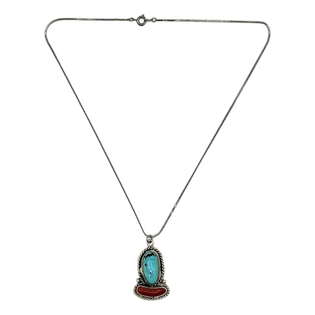 1970s Vintage Southwestern Navajo Boho Chic Turquoise, Coral & Sterling Pendant Necklace For Sale