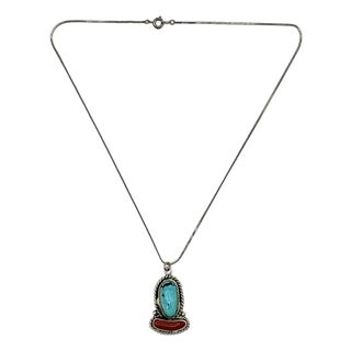 Turquoise, Coral & Sterling Pendant Necklace For Sale