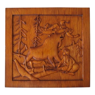 Vintage 1950 Handcarved Moose and Hunters Wood Plaque For Sale
