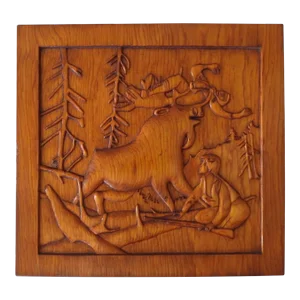 Vintage 1950 Handcarved Moose and Hunters Wood Plaque
