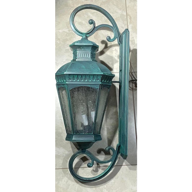 Metal Monumental Coach Style Brass & Bronze Wall Lantern With Verdigris Finish . For Sale - Image 7 of 15