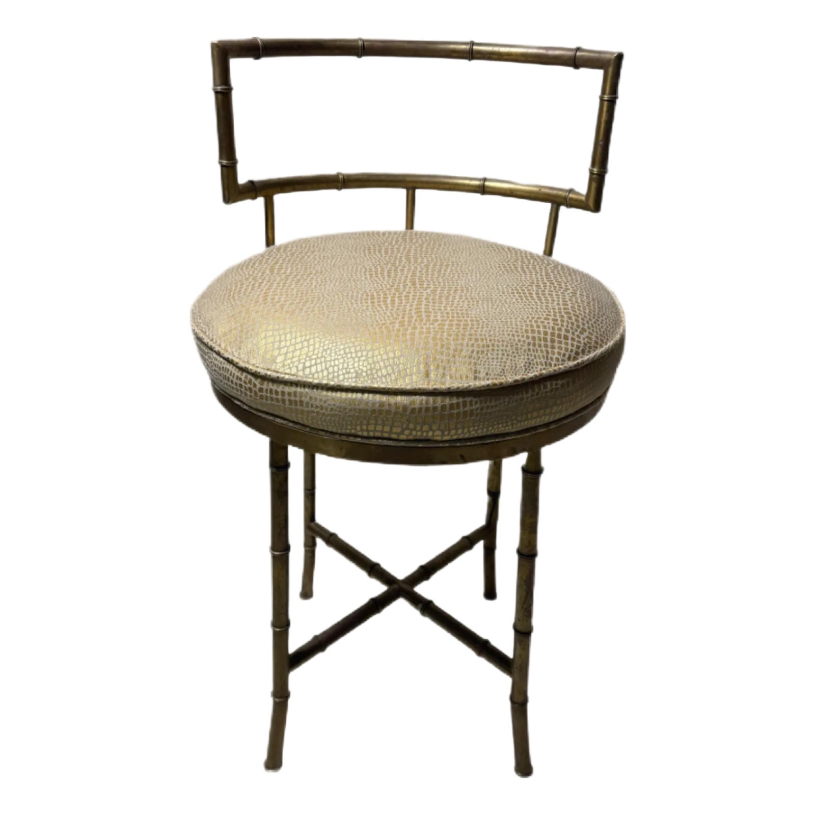 Vintage Brass Mid-Century Vanity Stool - Bamboo Pattern Frame | Chairish