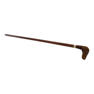 Vintage C.1950's Hand-Carved Wood & Brass Dog Handled Gentleman's Walking Stick/Cane For Sale