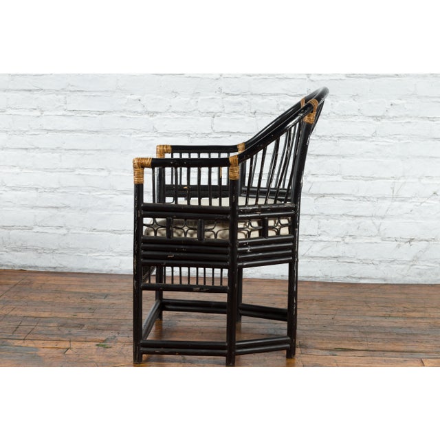 Black Horseshoe Back Chair with Bamboo Fretwork Geometric Motifs For Sale - Image 8 of 12