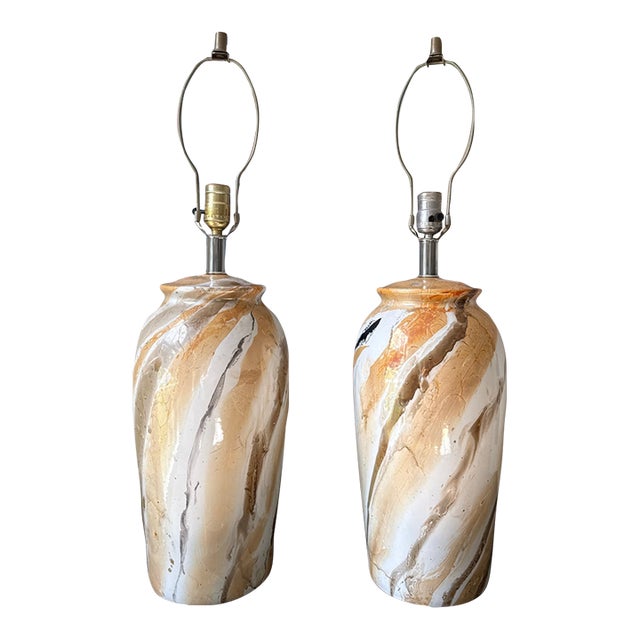 Mid -Century Modern Hand Painted Table Lamps - A Pair For Sale
