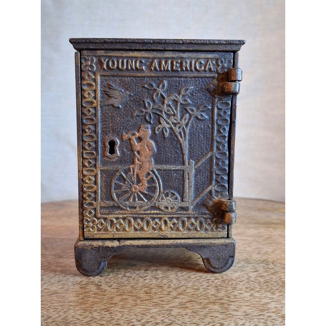 Metal Antique Young America Cast Iron Safe Still Bank Penny Farthing Bicycle J. & E. Stevens C. 1880s For Sale - Image 7 of 13