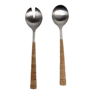 Artifacts Rattan Stainless-Steel Serving Pieces with Gift Box in Brown - Set of 2 For Sale
