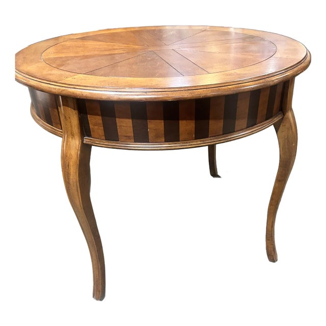 Stanley Round Brown Stripped Wood Entry Table | Chairish