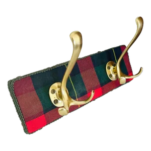 Charming European Vintage Plaid and Brass Coatrack Hooks