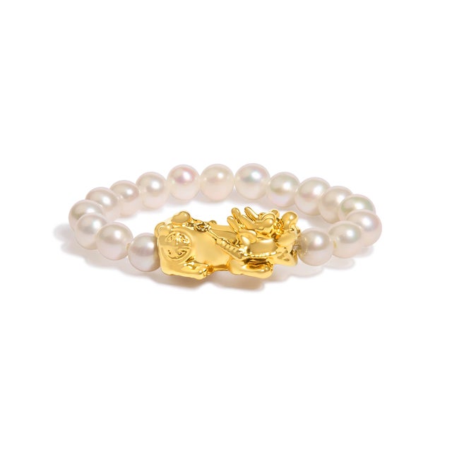 2020s 18K Yellow Gold Freshwater Pearl Dragon Charm Adjustable Ring Band, Size 7 For Sale - Image 5 of 6