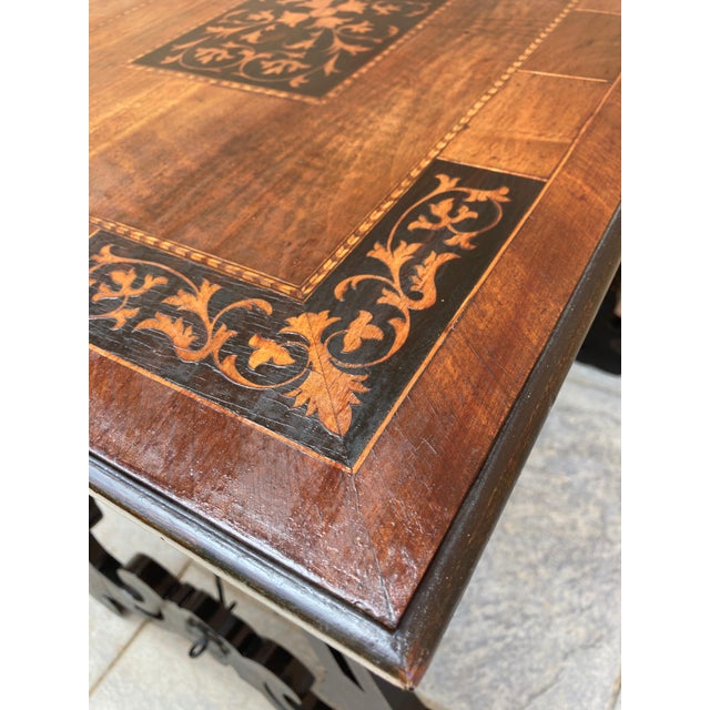 Brown Spanish Early 19th Century Baroque Side Table with Lyre Legs and Marquetry Top For Sale - Image 8 of 18