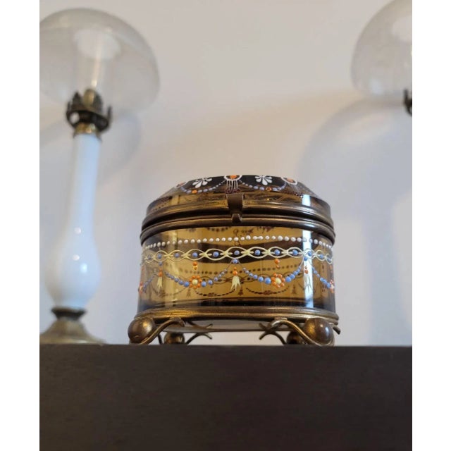 Art Nouveau 19th Century Bohemian Moser Enameled Amber Art Glass Jewel Casket For Sale - Image 3 of 11