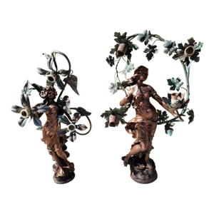 Antique French Art Nouveau Auguste Moreau Style Figural Spelter Lamp "Spring Night"
