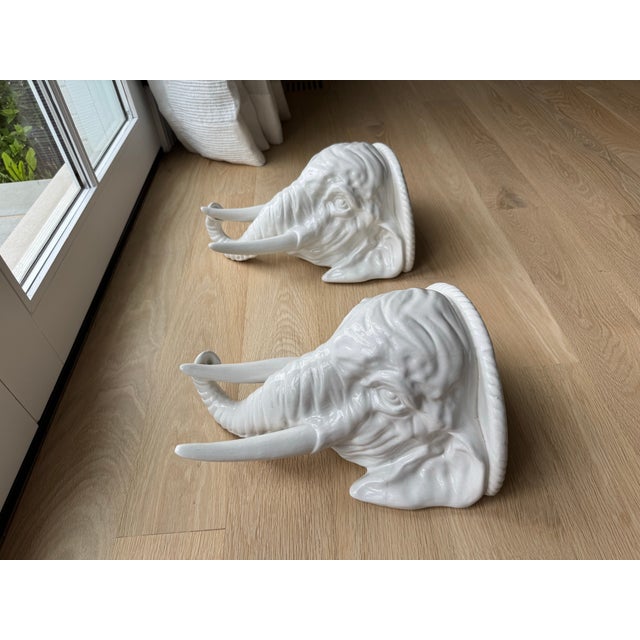 Vintage Italian White Glazed Elephant Head Wall Shelves / Brackets, Pair For Sale - Image 10 of 12