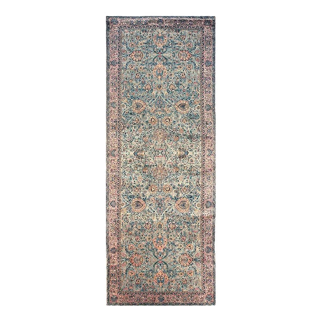 1920s Antique Sky Blue Floral Persian Formal Indian Shahrestan Runner Carpet Rug For Sale