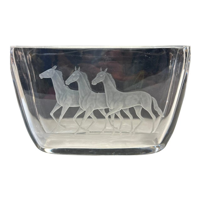 Orrefors Crystal Vase With Etched Galloping Horses Signed For Sale