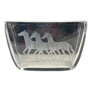Orrefors Crystal Vase With Etched Galloping Horses Signed